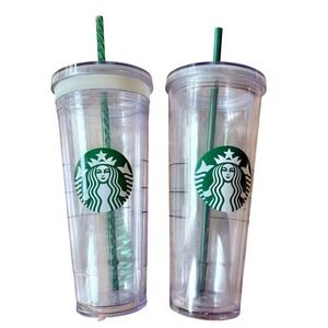Starbucks Venti Cold Cup Tumbler Set of 2 Clear 24oz Reusable Straws Green Logo